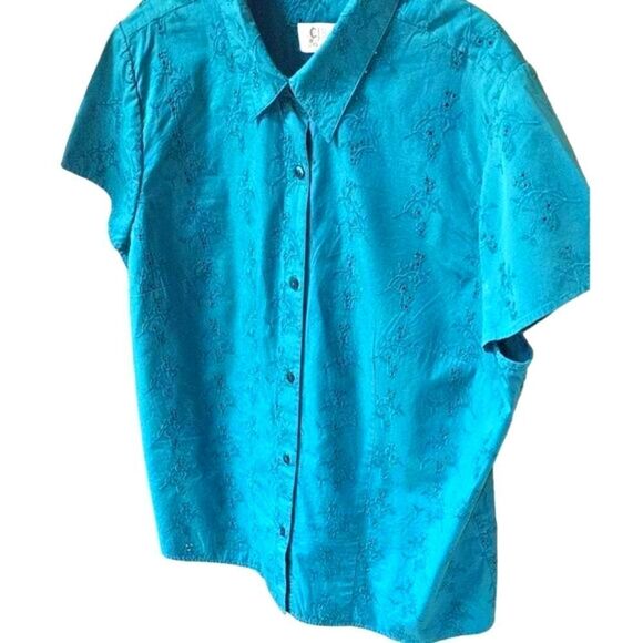 CJ BANKS Plus Size Teal/Green Short Sleeve Open Knit blouse. - Picture 4 of 15